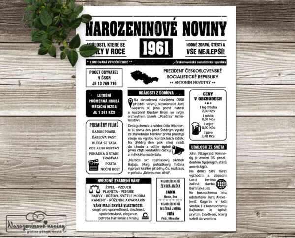 Narozeninové noviny - ročník 1961 s horoskopem, bílé. Náhled.