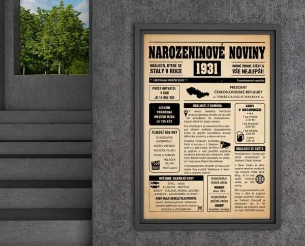 Narozeninové noviny - ročník 1931 s horoskopem, starý papír. Náhled.