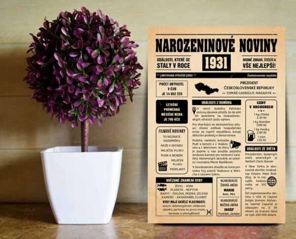 Narozeninové noviny - ročník 1931 s horoskopem, starý papír. Náhled.