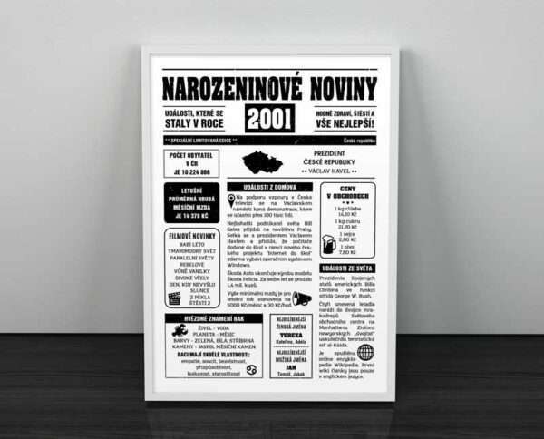 Narozeninové noviny - ročník 2001 s horoskopem, bílé. Náhled.