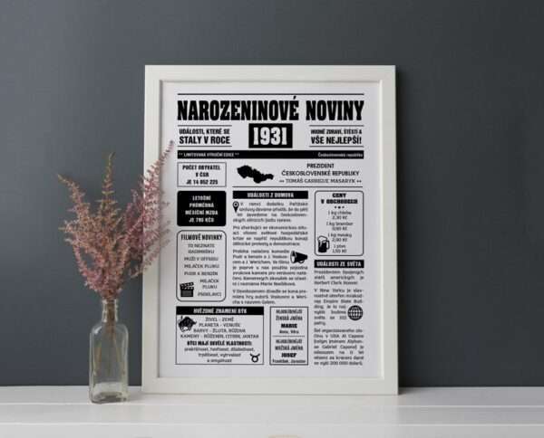 Narozeninové noviny - ročník 1931 s horoskopem, bílé. Náhled.