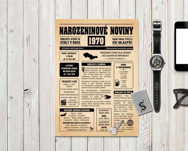 Narozeninové noviny - ročník 1970 s horoskopem, starý papír. Náhled.