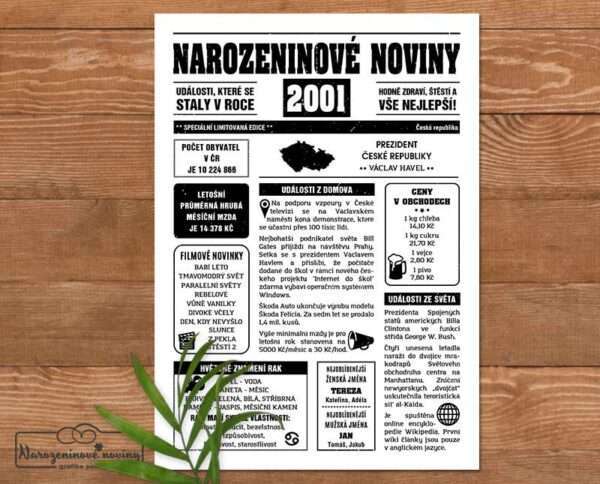 Narozeninové noviny - ročník 2001 s horoskopem, bílé. Náhled.