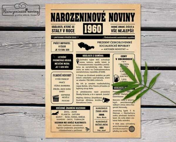 Narozeninové noviny - ročník 1960 s horoskopem, starý papír. Náhled.