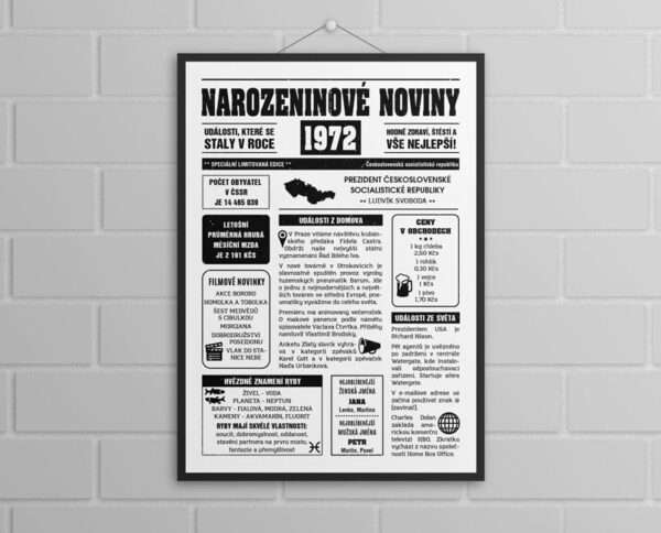 Narozeninové noviny - ročník 1972 s horoskopem, bílé. Náhled.