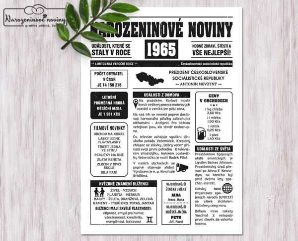 Noviny k narozeninám 1965 černobílé
