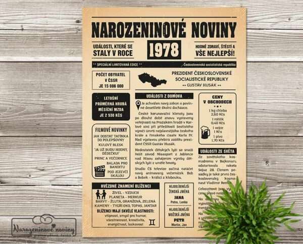 Narozeninové noviny - ročník 1978 s horoskopem, starý papír.